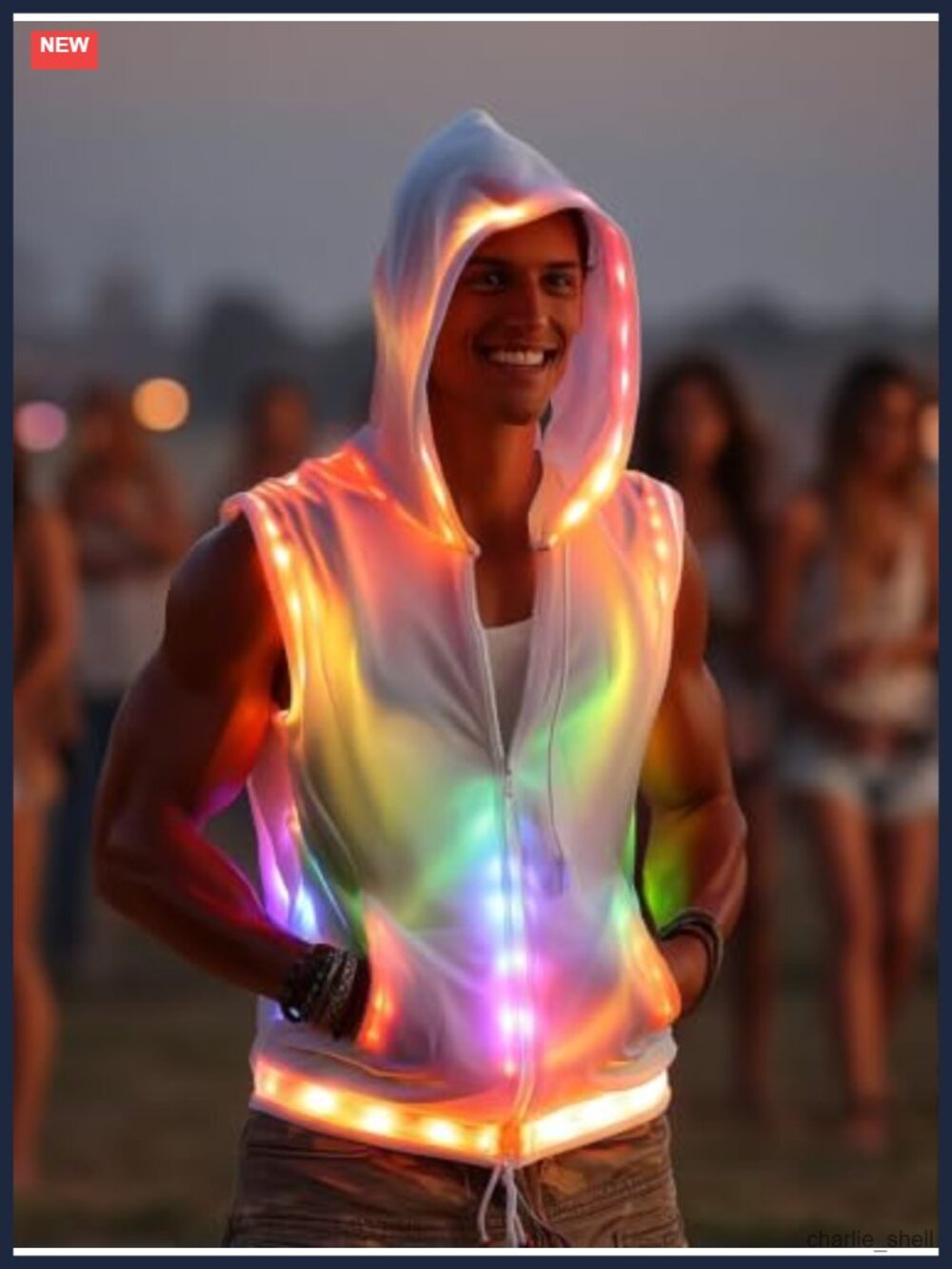 Men Hooded Vest Zip Up Sleeveless Tank LED Rave Burning Man